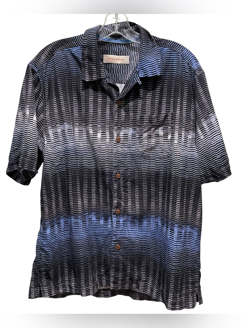 Tommy Bahama 100% Silk Geometric Stripe Button Shirt Blue Black Men Size Medium
